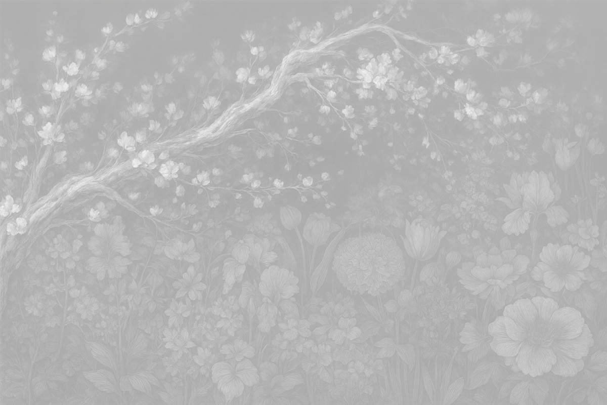 Fototapeta Zamazany, nieostry wydruk z białymi, mglistymi gałęziami drzew na miękkim, jasnym kwiatowym tle.