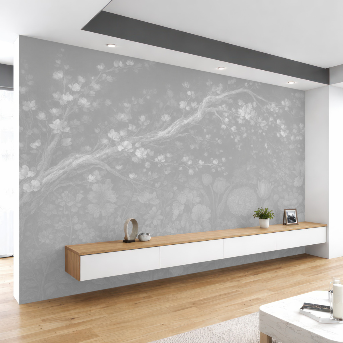 Fototapeta Zamazany, nieostry wydruk z białymi, mglistymi gałęziami drzew na miękkim, jasnym kwiatowym tle.