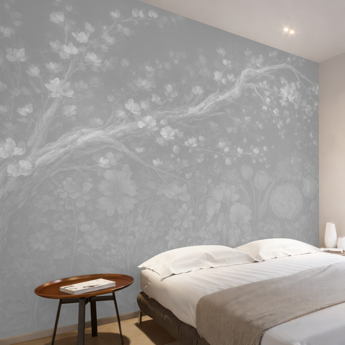 Fototapeta Zamazany, nieostry wydruk z białymi, mglistymi gałęziami drzew na miękkim, jasnym kwiatowym tle.