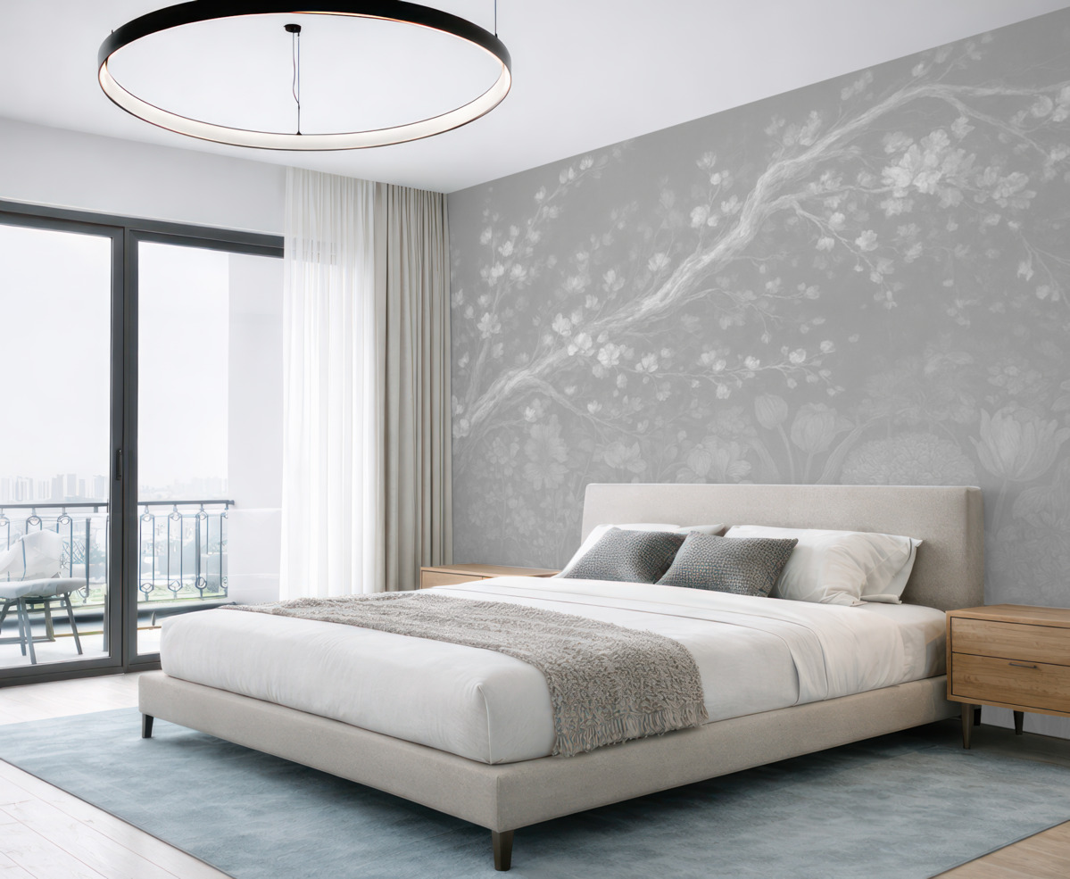 Fototapeta Zamazany, nieostry wydruk z białymi, mglistymi gałęziami drzew na miękkim, jasnym kwiatowym tle.