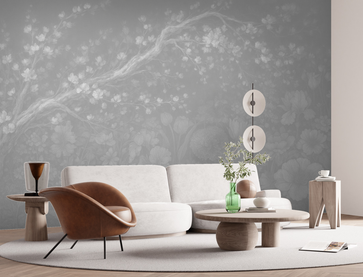 Fototapeta Zamazany, nieostry wydruk z białymi, mglistymi gałęziami drzew na miękkim, jasnym kwiatowym tle.