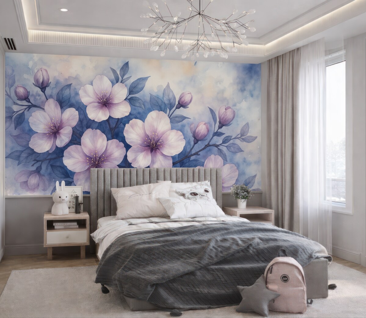 Fototapeta Subtelna akwarela przypominająca różowe i fioletowe kwiaty z gładkimi, zamglonymi płatkami na błękitnym tle.