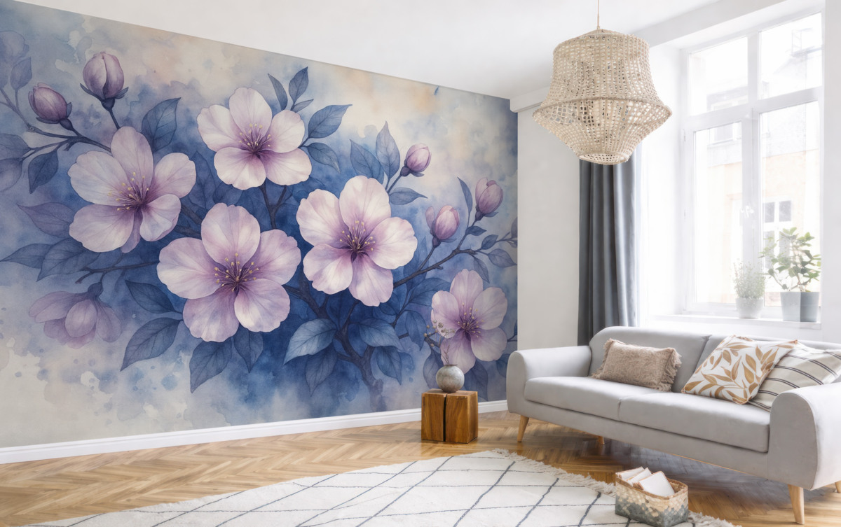 Fototapeta Subtelna akwarela przypominająca różowe i fioletowe kwiaty z gładkimi, zamglonymi płatkami na błękitnym tle.