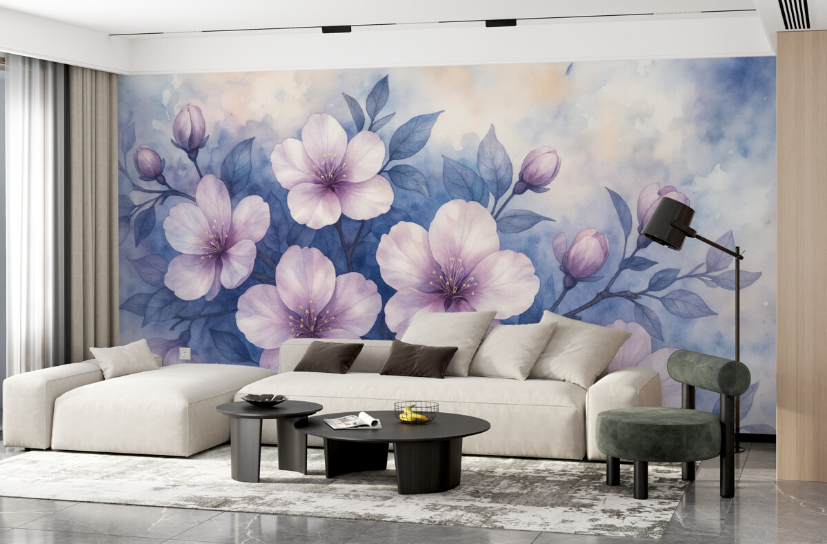 Fototapeta Subtelna akwarela przypominająca różowe i fioletowe kwiaty z gładkimi, zamglonymi płatkami na błękitnym tle.