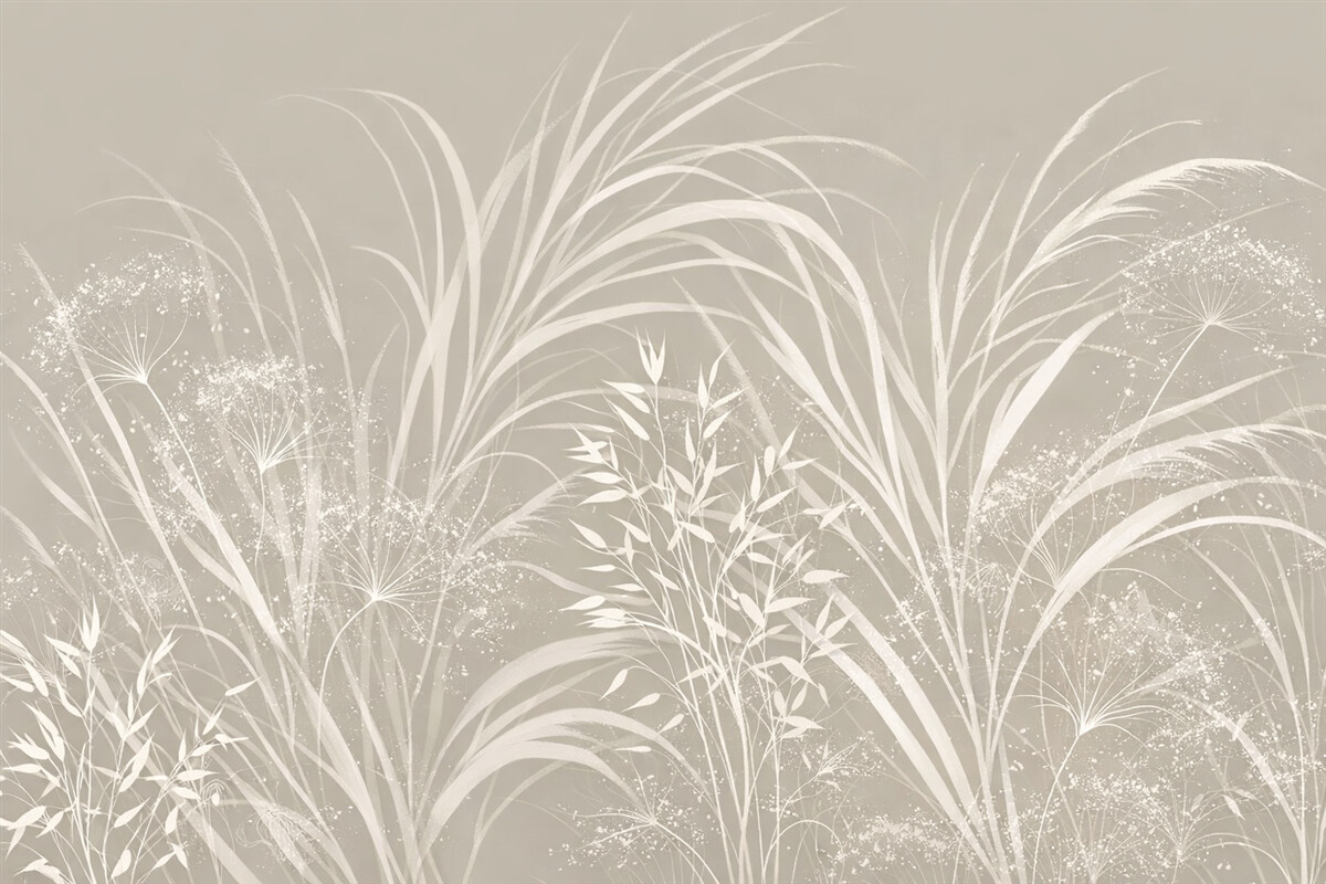 Fototapeta Subtelny, współczesny, minimalistyczny biały motyw kwiatowy na jasnym pastelowo-beżowym tle.