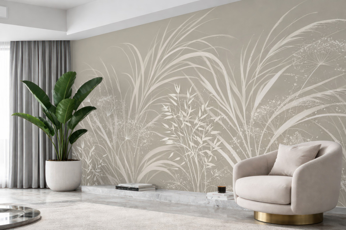 Fototapeta Subtelny, współczesny, minimalistyczny biały motyw kwiatowy na jasnym pastelowo-beżowym tle.