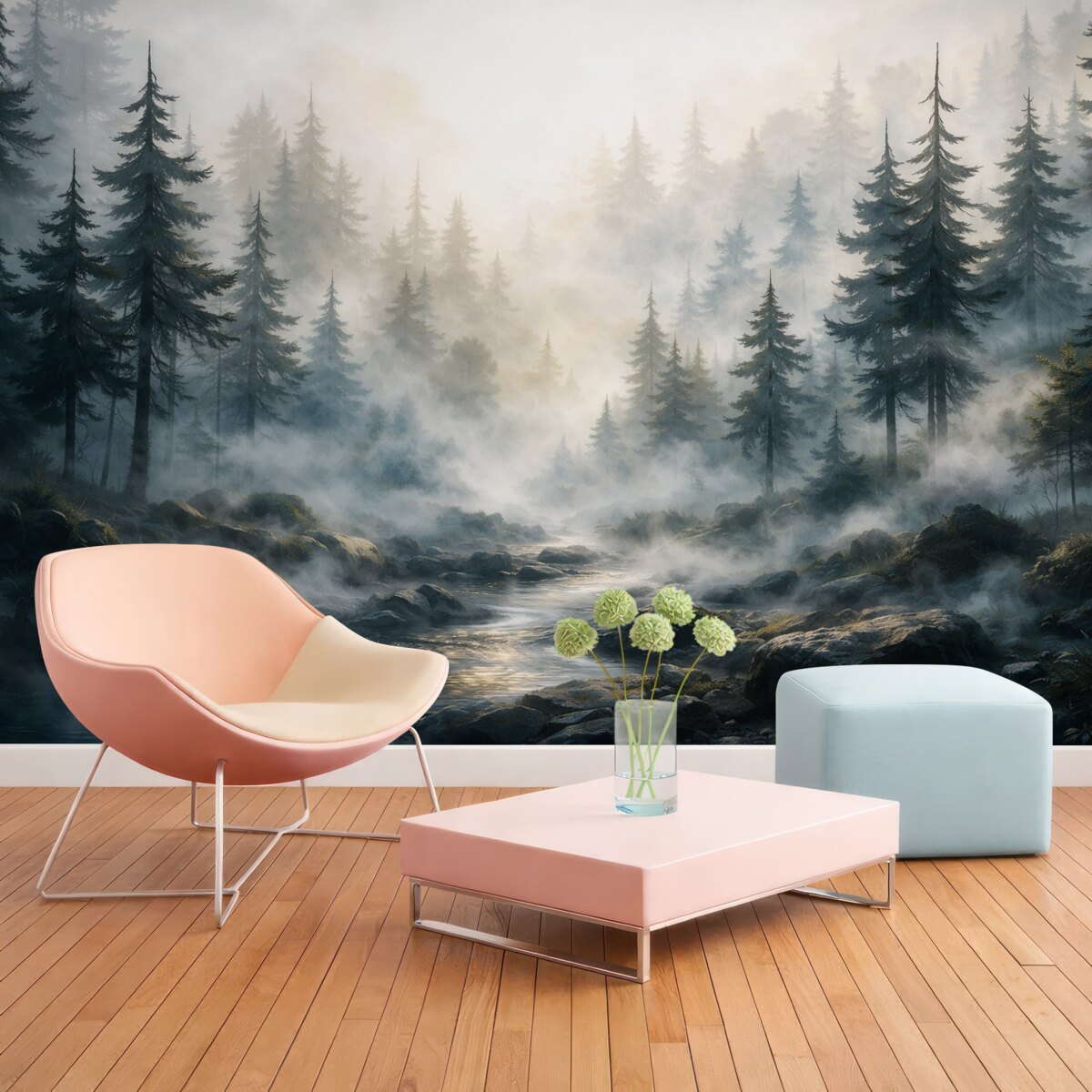 Fototapeta Zamglony leśny widok z wysokimi sosnami na mglistym tle w stylu akwareli.