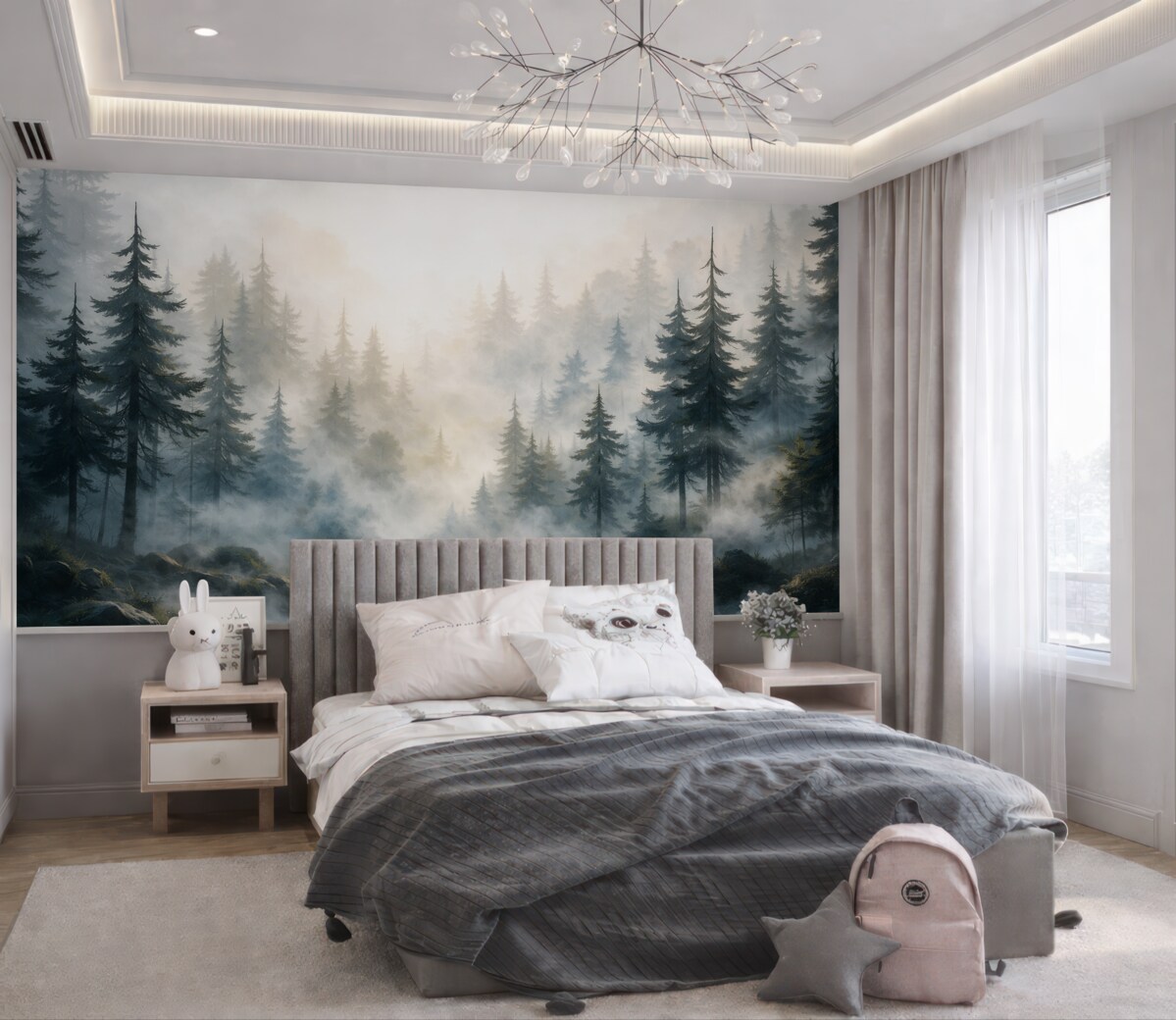 Fototapeta Zamglony leśny widok z wysokimi sosnami na mglistym tle w stylu akwareli.