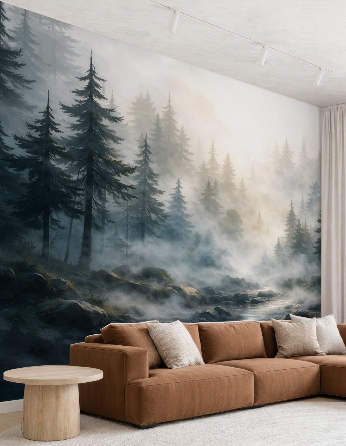 Fototapeta Zamglony leśny widok z wysokimi sosnami na mglistym tle w stylu akwareli.