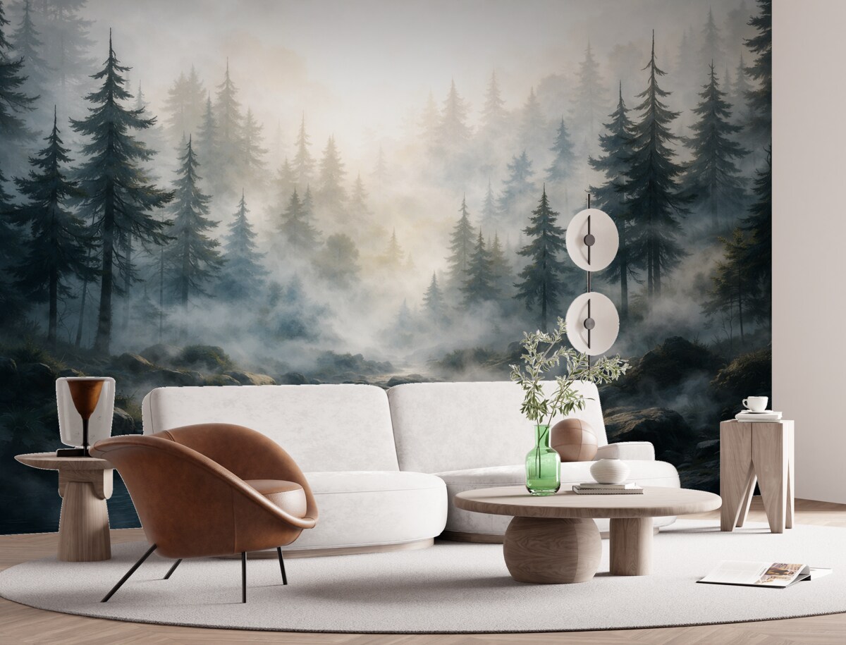 Fototapeta Zamglony leśny widok z wysokimi sosnami na mglistym tle w stylu akwareli.