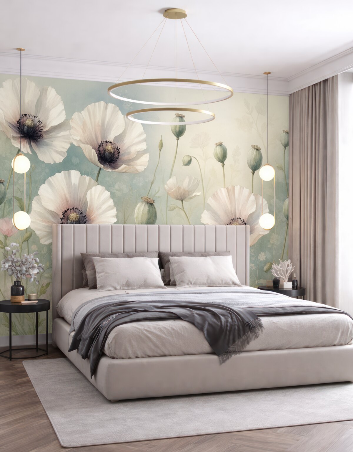 Fototapeta Subtelne różowe i fioletowe maki z zielonymi łodygami oraz pąkami na gładkim, rozmytym, teksturowanym tle.