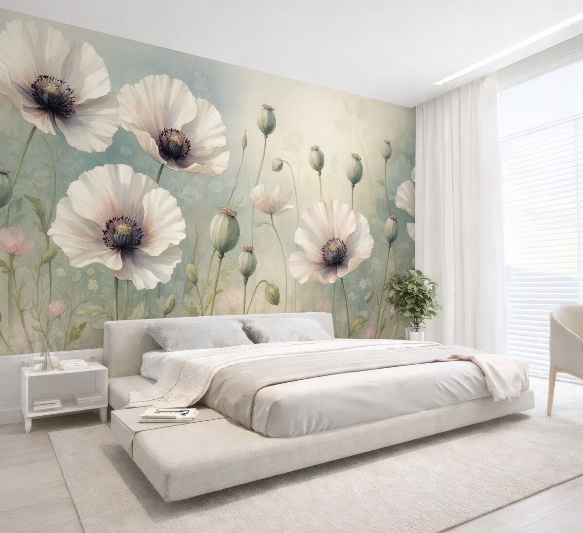 Fototapeta Subtelne różowe i fioletowe maki z zielonymi łodygami oraz pąkami na gładkim, rozmytym, teksturowanym tle.