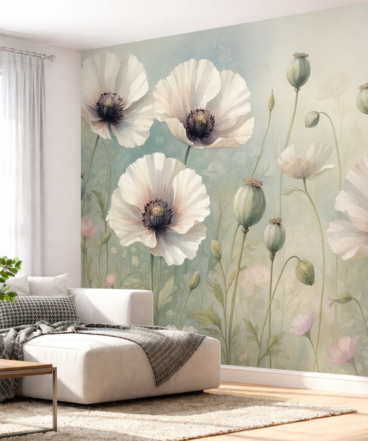 Fototapeta Subtelne różowe i fioletowe maki z zielonymi łodygami oraz pąkami na gładkim, rozmytym, teksturowanym tle.