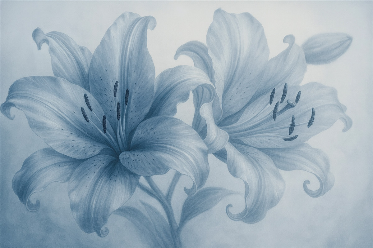 Fototapeta Delikatne zbliżenie niebieskich minimalistycznych lilii na jasnym tle.