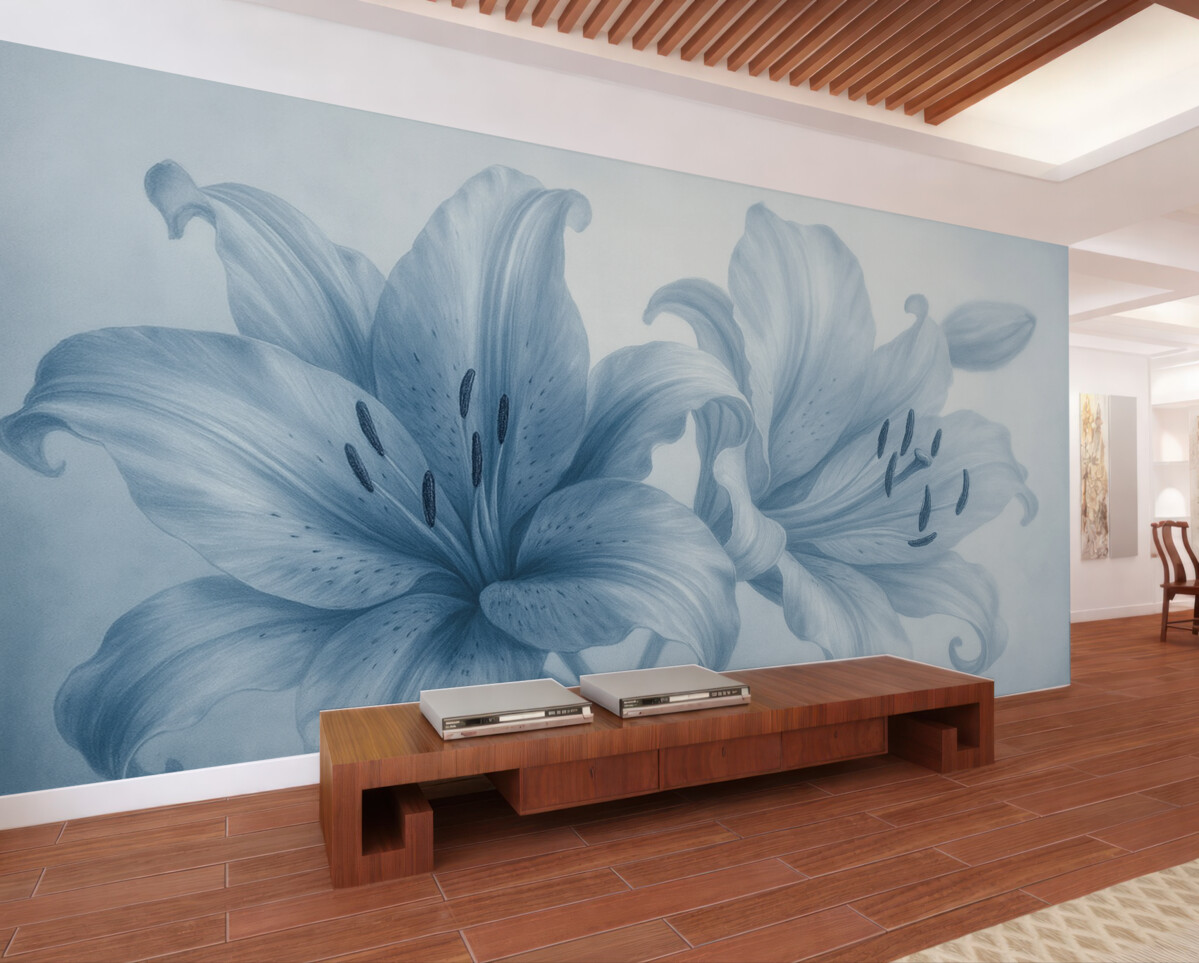 Fototapeta Delikatne zbliżenie niebieskich minimalistycznych lilii na jasnym tle.