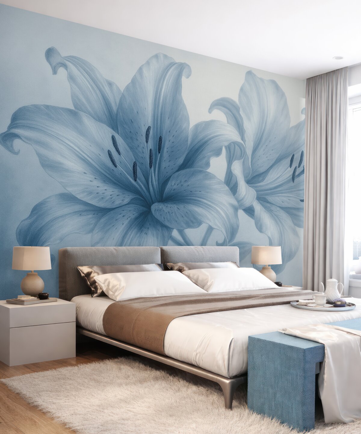 Fototapeta Delikatne zbliżenie niebieskich minimalistycznych lilii na jasnym tle.