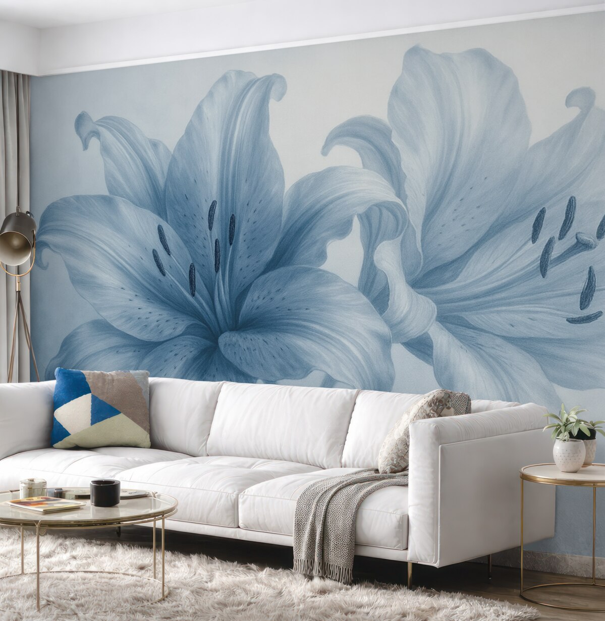 Fototapeta Delikatne zbliżenie niebieskich minimalistycznych lilii na jasnym tle.