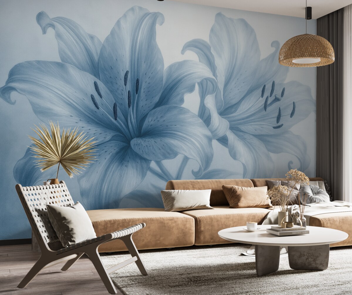 Fototapeta Delikatne zbliżenie niebieskich minimalistycznych lilii na jasnym tle.