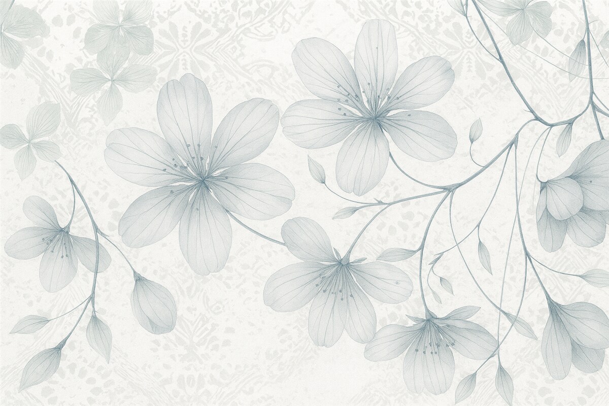 Fototapeta Subtelne niebieskie i białe kwiaty z długimi łodygami oraz płatkami na delikatnym, rozmytym teksturowanym tle.