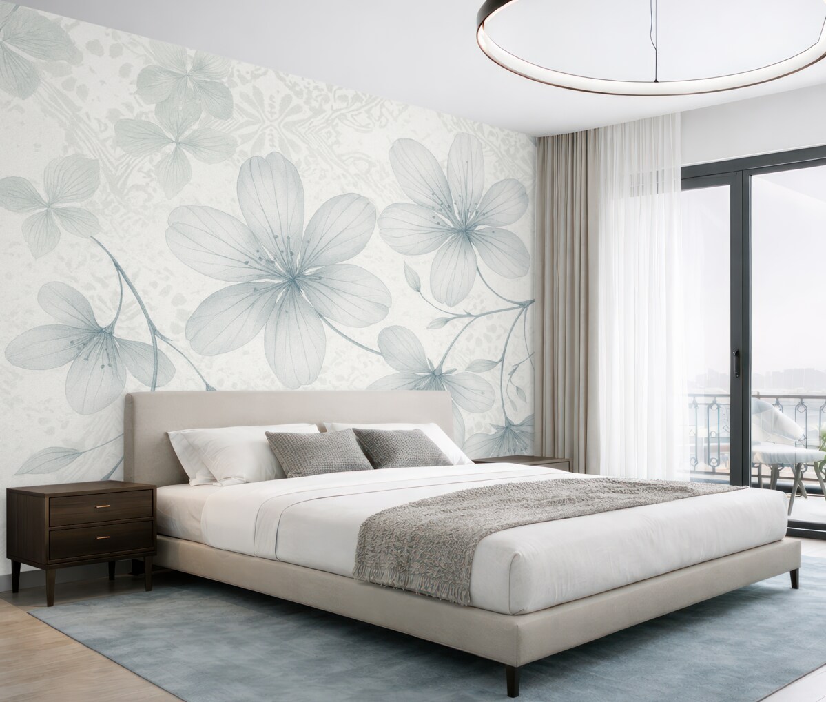 Fototapeta Subtelne niebieskie i białe kwiaty z długimi łodygami oraz płatkami na delikatnym, rozmytym teksturowanym tle.