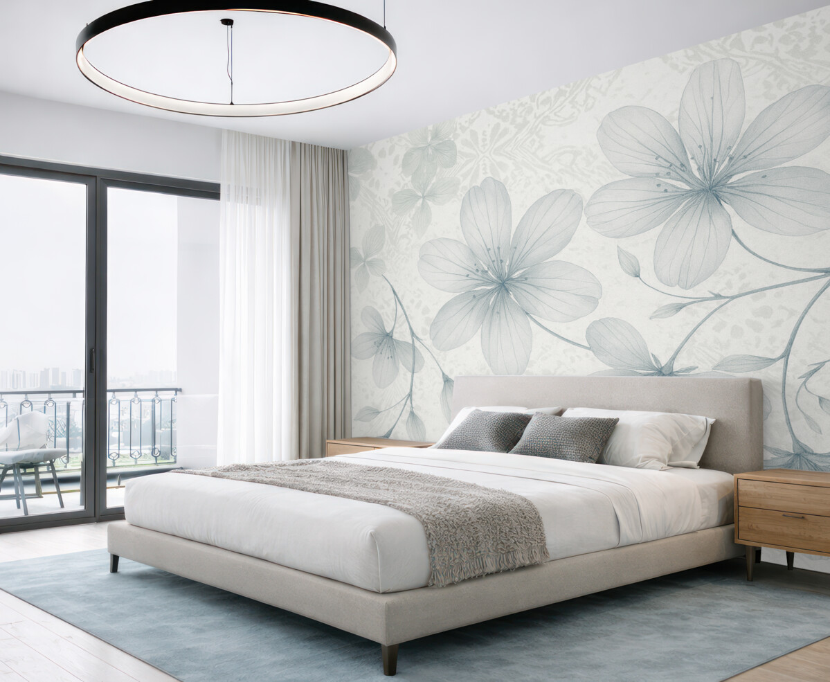 Fototapeta Subtelne niebieskie i białe kwiaty z długimi łodygami oraz płatkami na delikatnym, rozmytym teksturowanym tle.