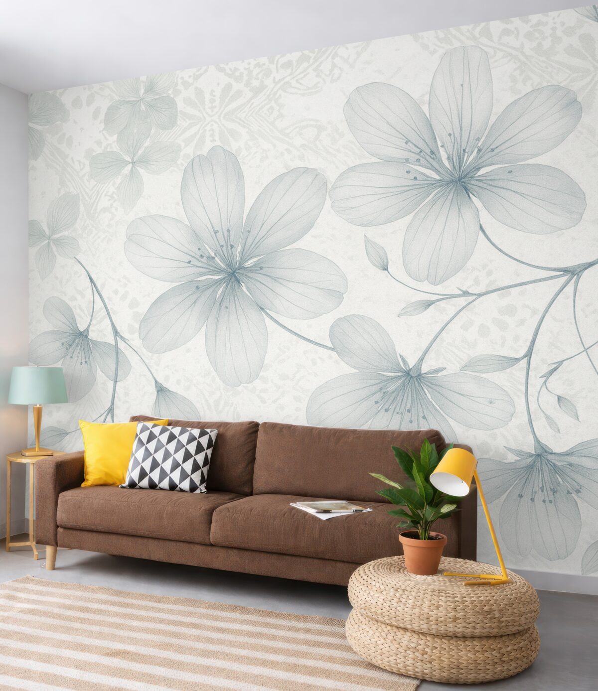 Fototapeta Subtelne niebieskie i białe kwiaty z długimi łodygami oraz płatkami na delikatnym, rozmytym teksturowanym tle.