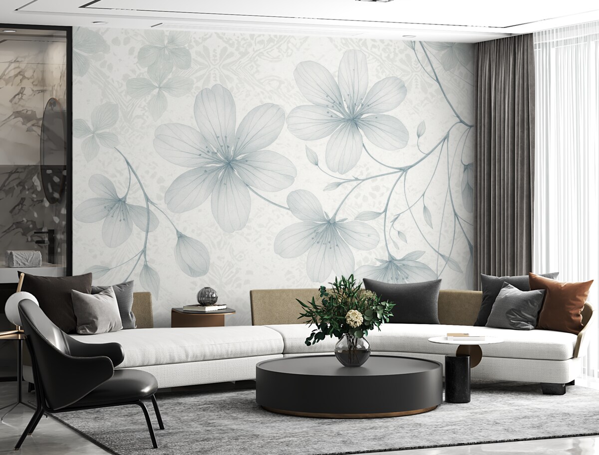 Fototapeta Subtelne niebieskie i białe kwiaty z długimi łodygami oraz płatkami na delikatnym, rozmytym teksturowanym tle.