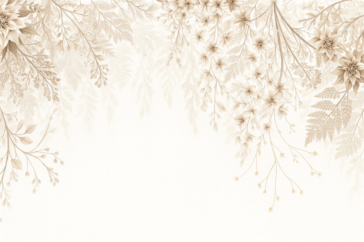 Fototapeta Delikatne roślinne gałązki oraz trawa z białymi, szarymi i beżowymi kwiatami spływającymi kaskadowo na jasnym tle.