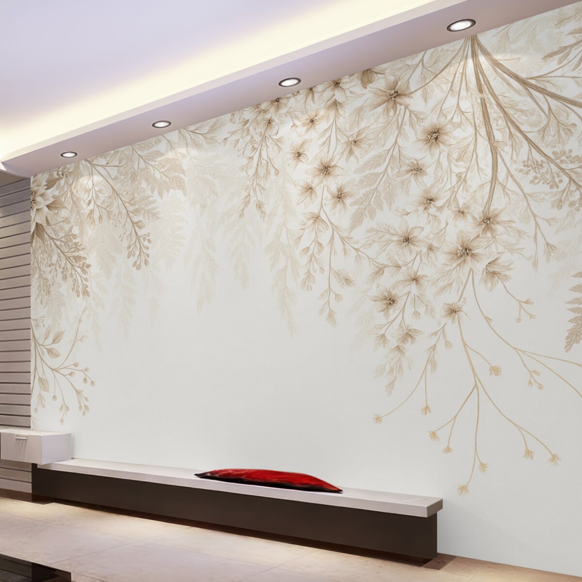 Fototapeta Delikatne roślinne gałązki oraz trawa z białymi, szarymi i beżowymi kwiatami spływającymi kaskadowo na jasnym tle.