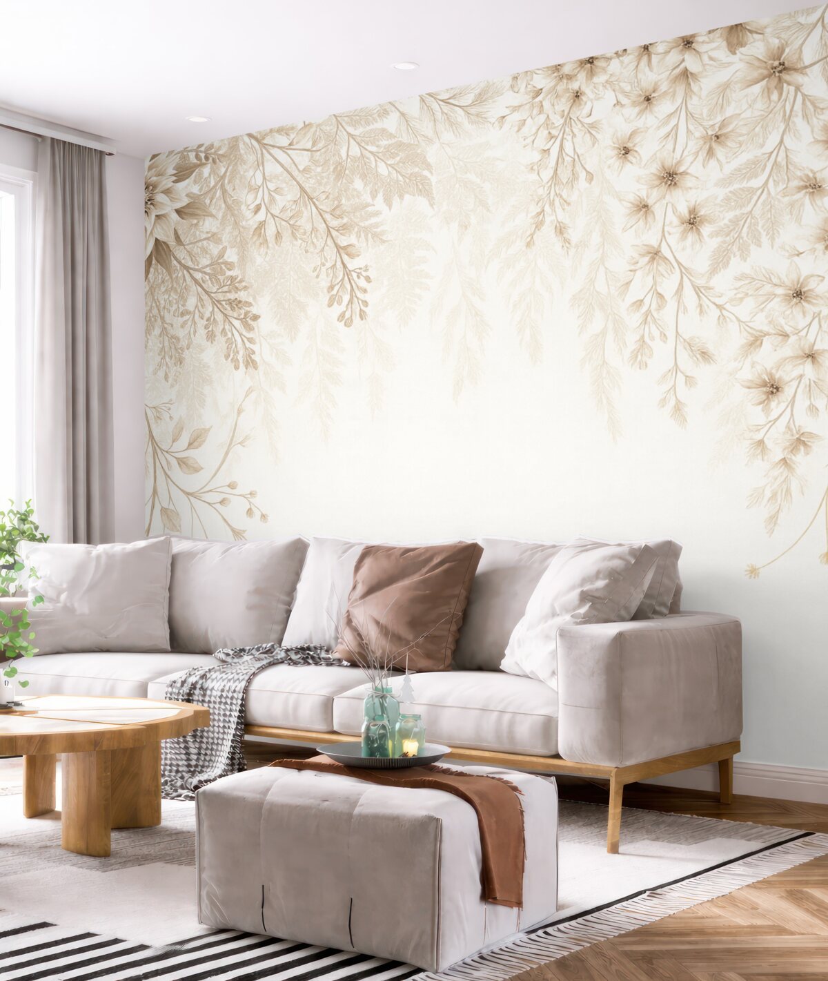 Fototapeta Delikatne roślinne gałązki oraz trawa z białymi, szarymi i beżowymi kwiatami spływającymi kaskadowo na jasnym tle.