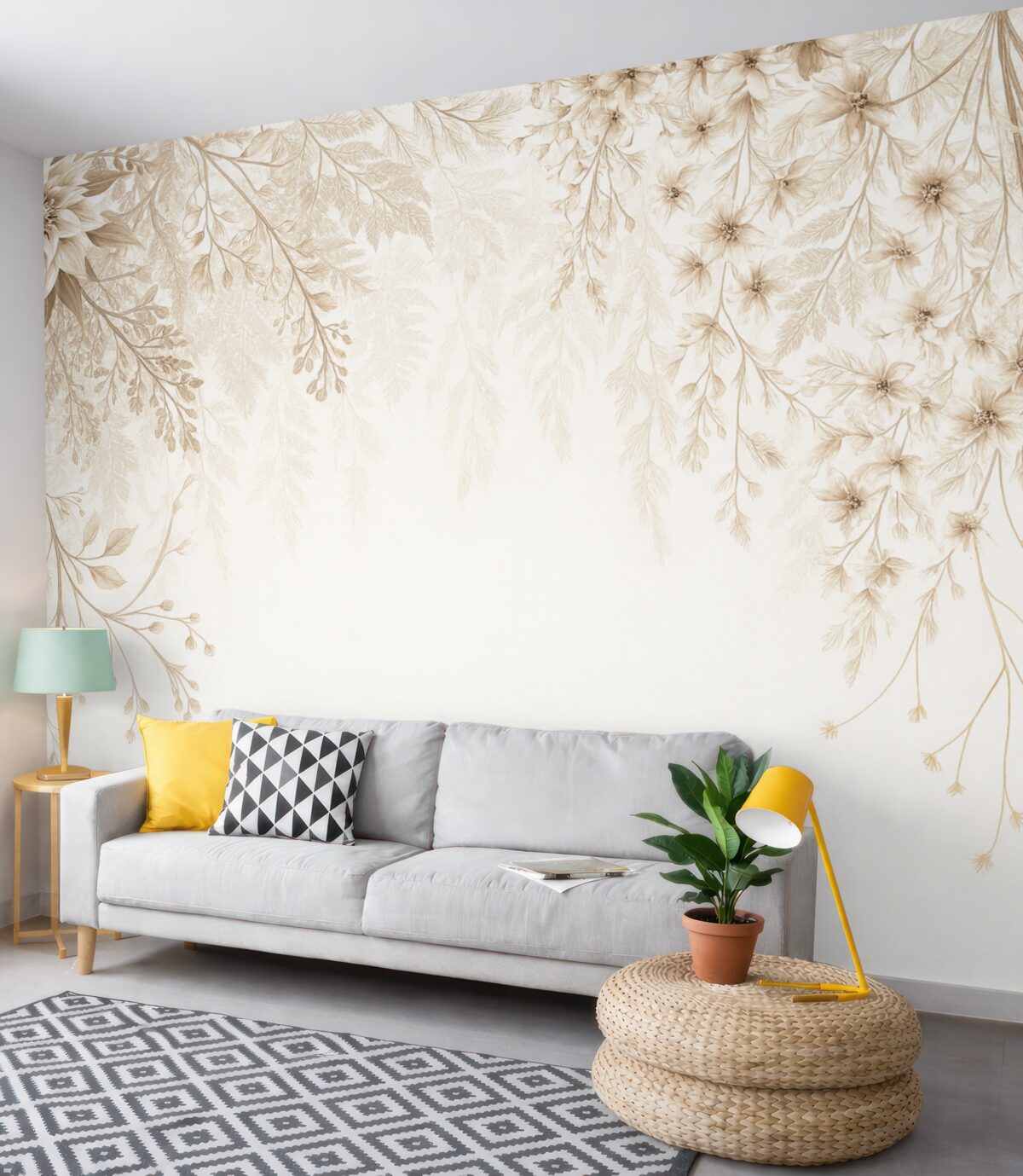 Fototapeta Delikatne roślinne gałązki oraz trawa z białymi, szarymi i beżowymi kwiatami spływającymi kaskadowo na jasnym tle.