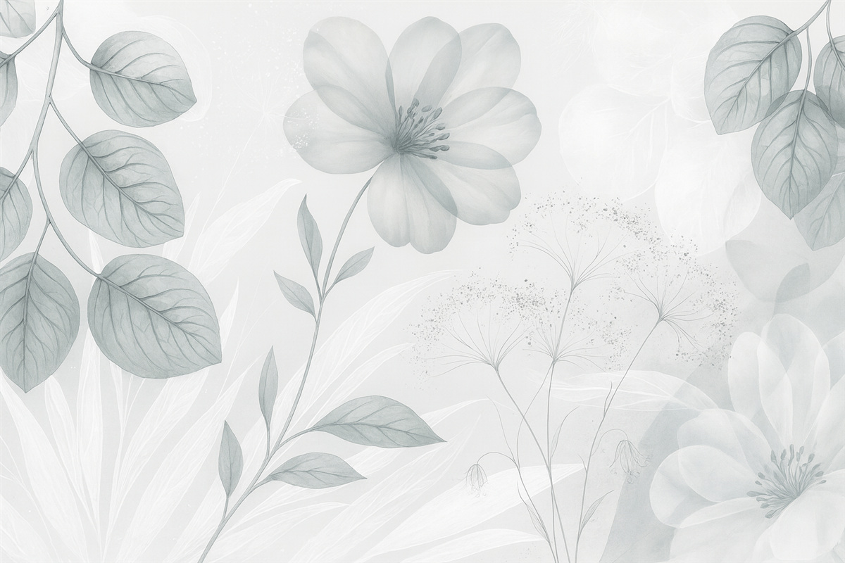 Fototapeta Kwiatowe detale eukaliptusa w tonacjach niebieskiego i białego z nachodzącymi na siebie liśćmi oraz płatkami w oszczędnym stylu.