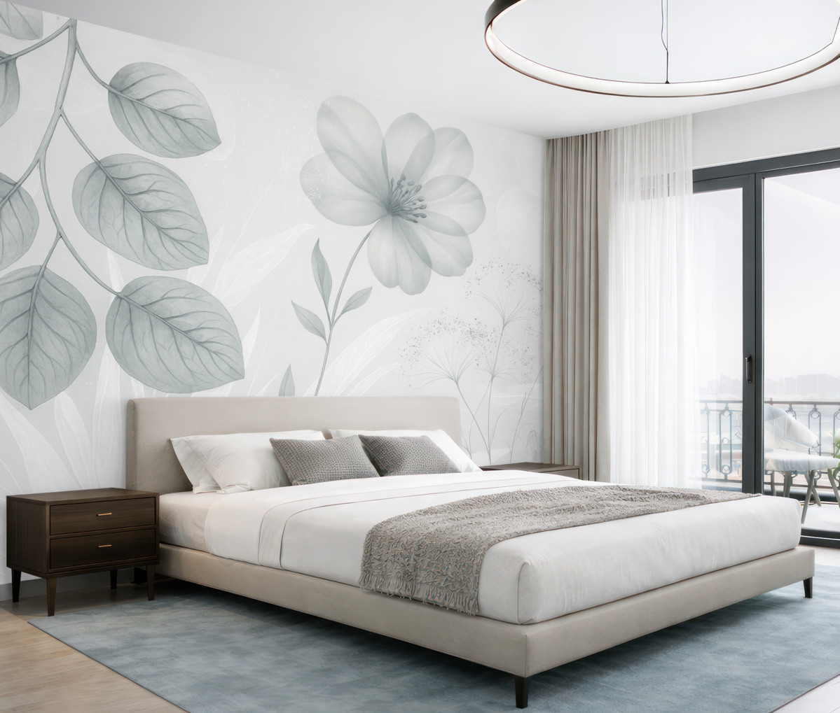 Fototapeta Kwiatowe detale eukaliptusa w tonacjach niebieskiego i białego z nachodzącymi na siebie liśćmi oraz płatkami w oszczędnym stylu.