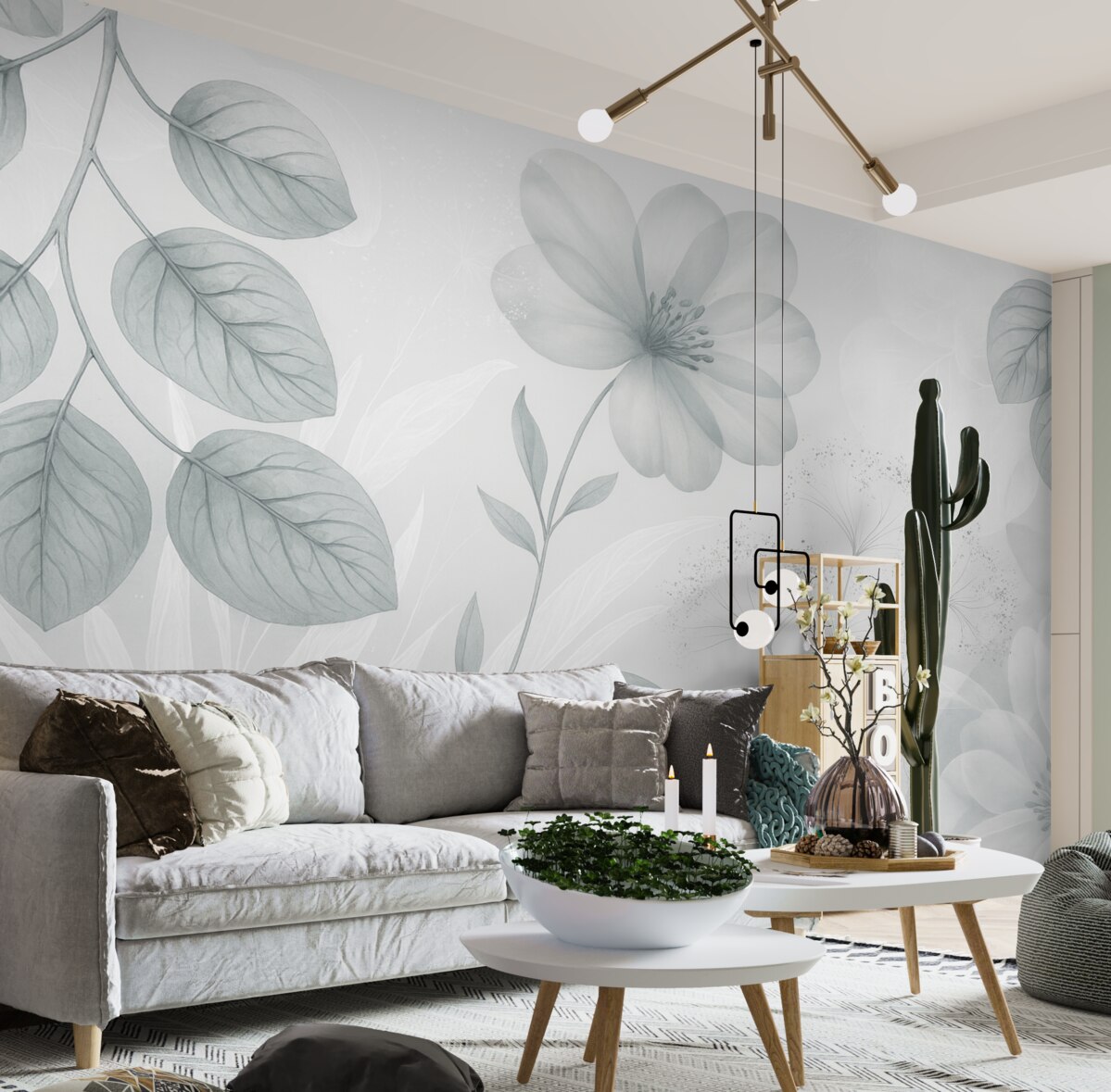 Fototapeta Kwiatowe detale eukaliptusa w tonacjach niebieskiego i białego z nachodzącymi na siebie liśćmi oraz płatkami w oszczędnym stylu.