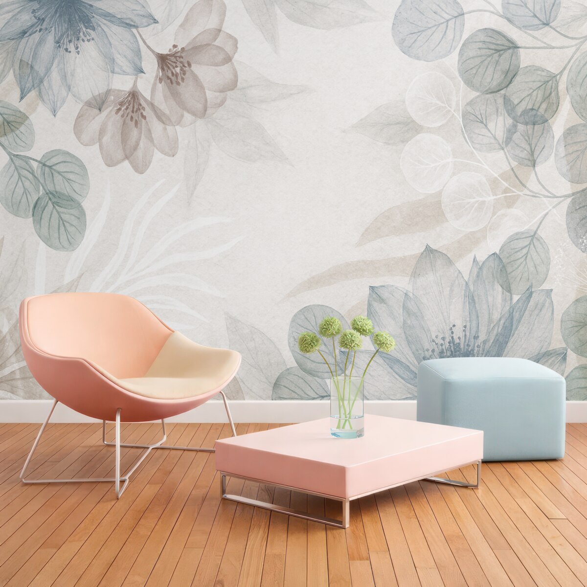 Fototapeta Pastelowy nadruk kwiatowy z przezroczystymi dużymi abstrakcyjnymi roślinami i liśćmi w tonacjach szarości, różu oraz zieleni.