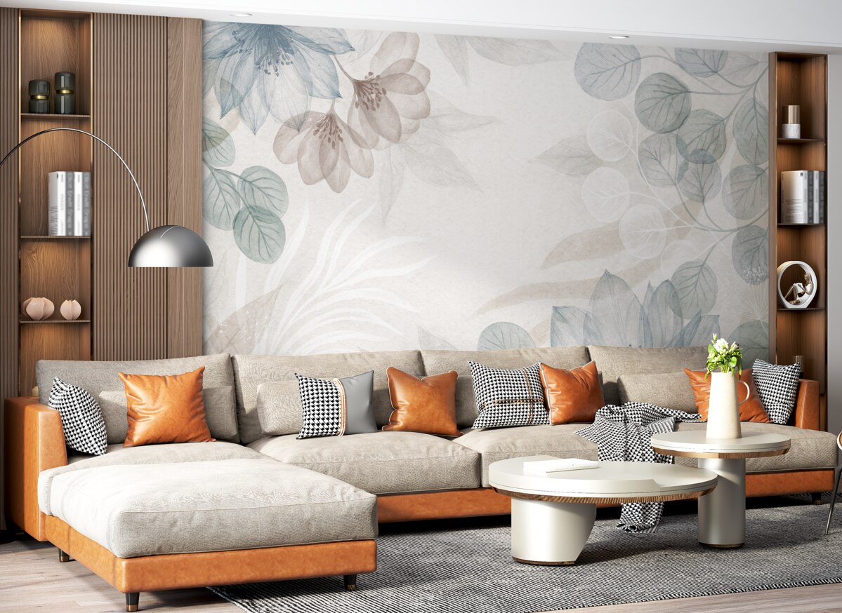 Fototapeta Pastelowy nadruk kwiatowy z przezroczystymi dużymi abstrakcyjnymi roślinami i liśćmi w tonacjach szarości, różu oraz zieleni.