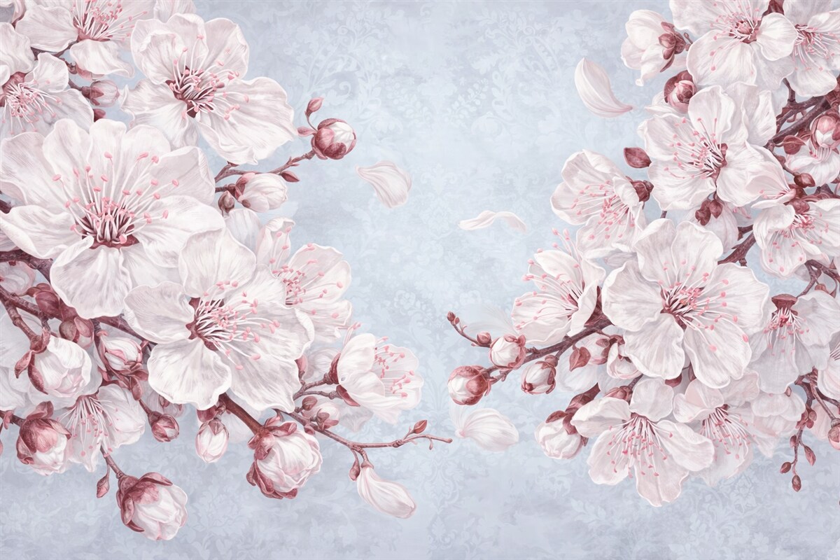 Fototapeta Kwiatowy wzór z dużymi różowymi i białymi kwiatami czereśni na jasnoniebieskim, fakturowanym tle.