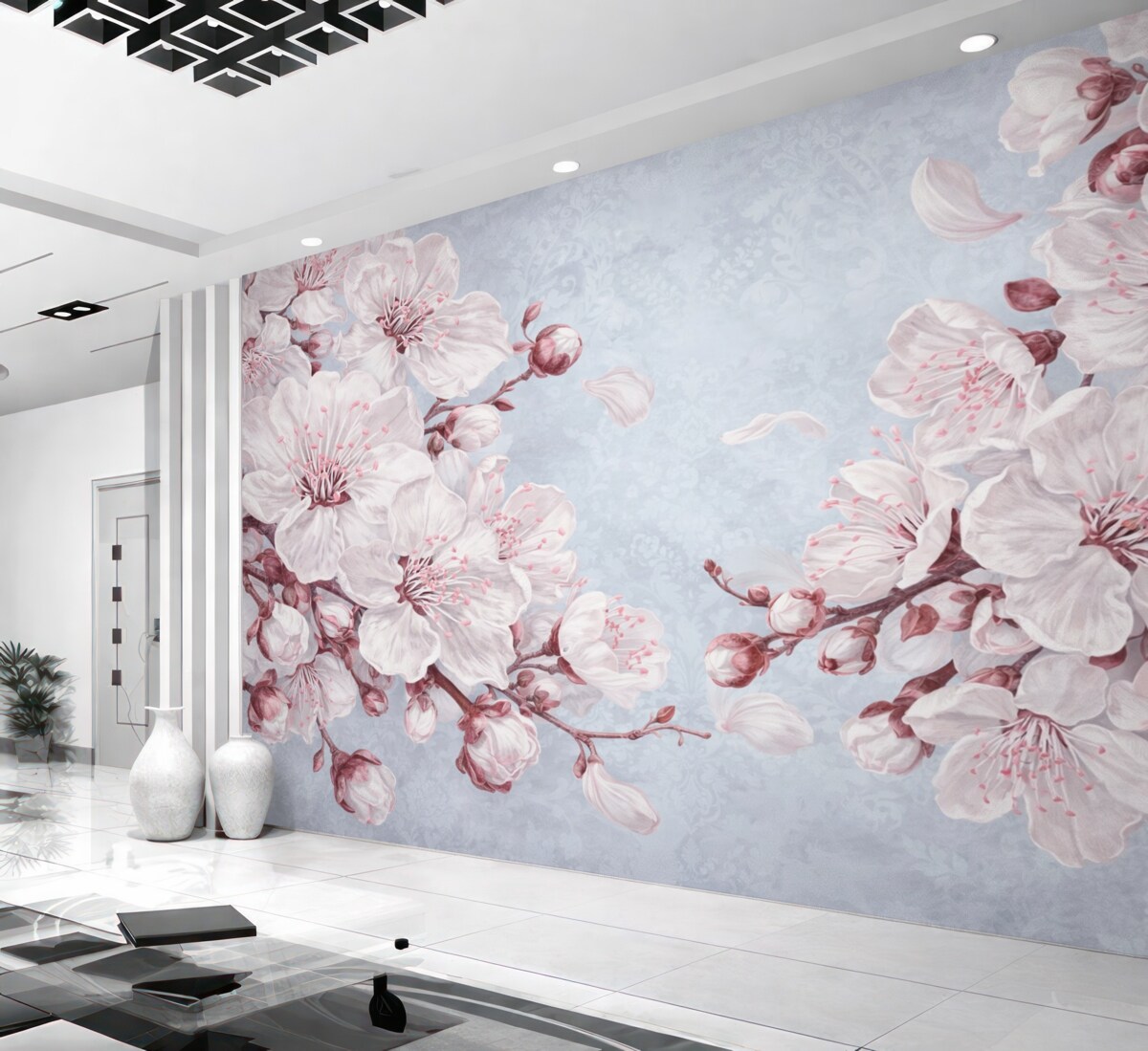 Fototapeta Kwiatowy wzór z dużymi różowymi i białymi kwiatami czereśni na jasnoniebieskim, fakturowanym tle.