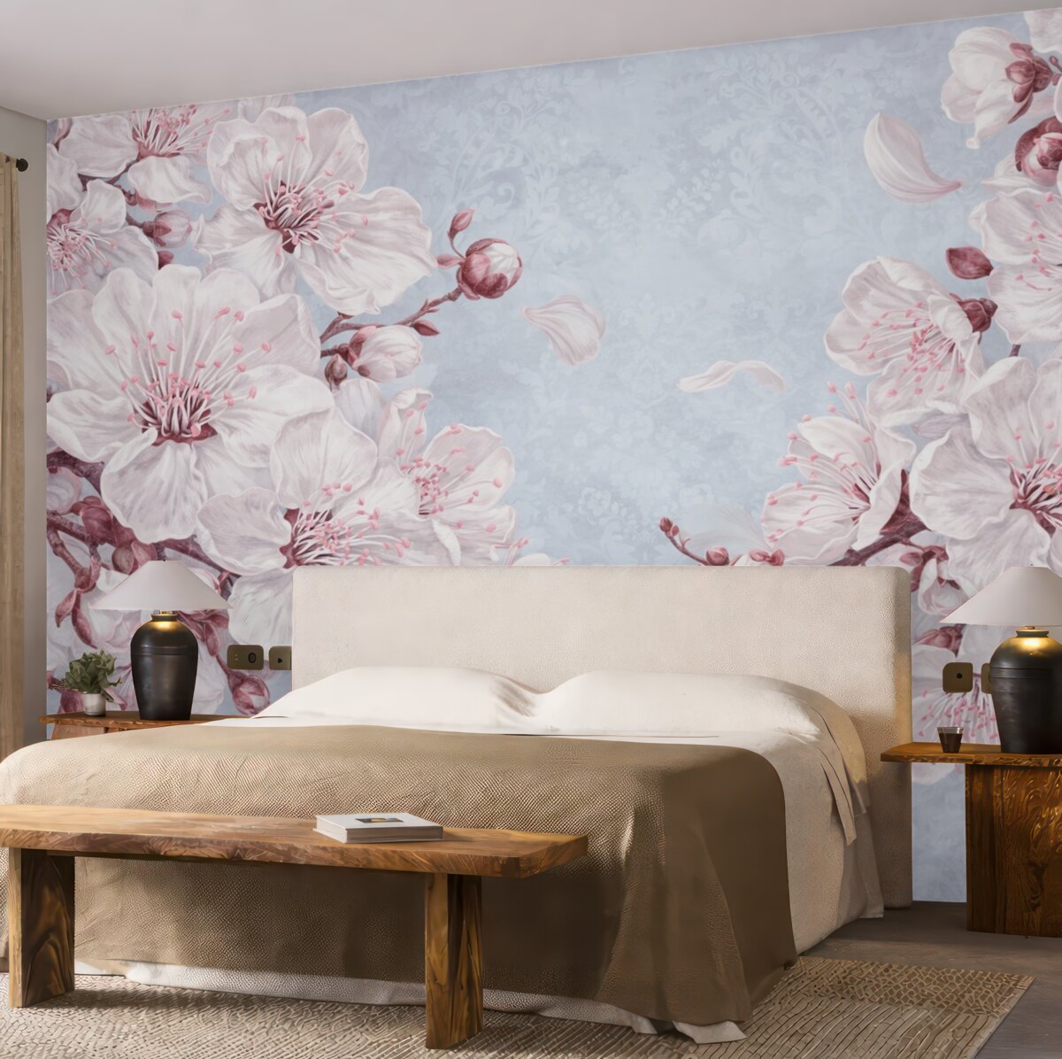 Fototapeta Kwiatowy wzór z dużymi różowymi i białymi kwiatami czereśni na jasnoniebieskim, fakturowanym tle.