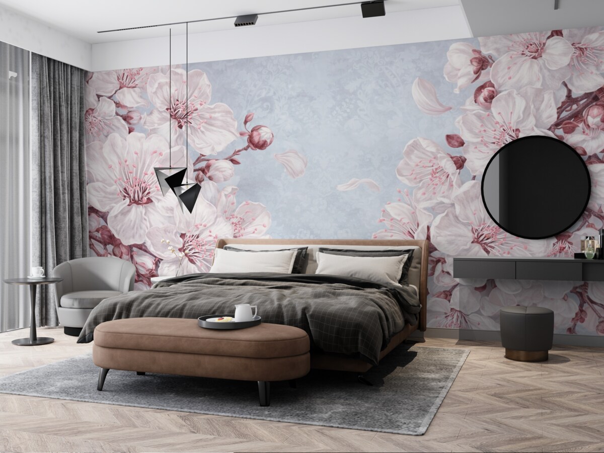 Fototapeta Kwiatowy wzór z dużymi różowymi i białymi kwiatami czereśni na jasnoniebieskim, fakturowanym tle.