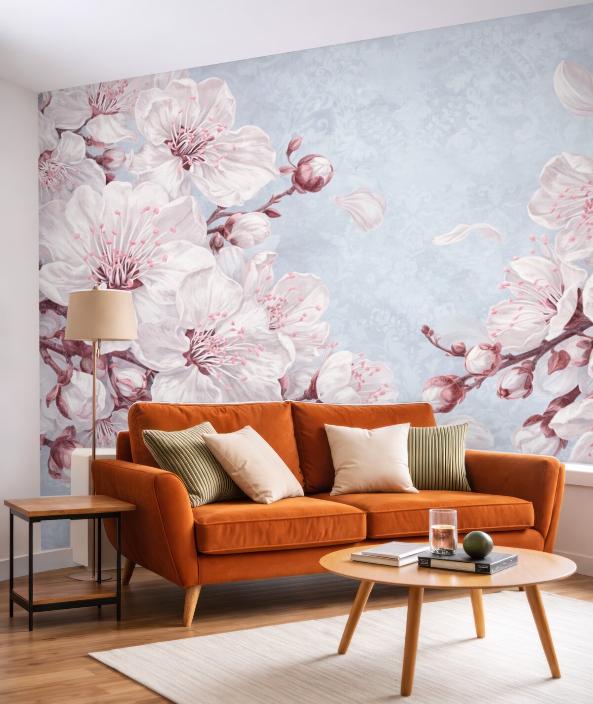 Fototapeta Kwiatowy wzór z dużymi różowymi i białymi kwiatami czereśni na jasnoniebieskim, fakturowanym tle.