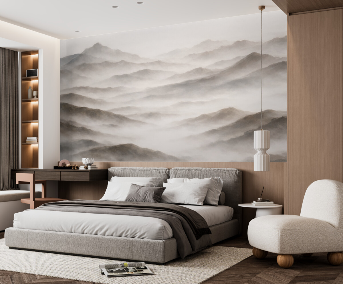 Fototapeta Minimalistyczny górski pejzaż z pofalowanymi wzgórzami i mgłą, tworzący cichy oraz nastrojowy nadruk.