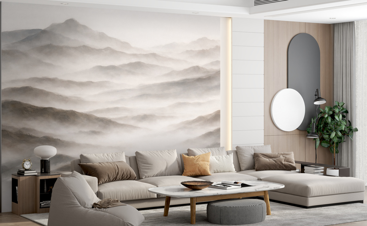 Fototapeta Minimalistyczny górski pejzaż z pofalowanymi wzgórzami i mgłą, tworzący cichy oraz nastrojowy nadruk.