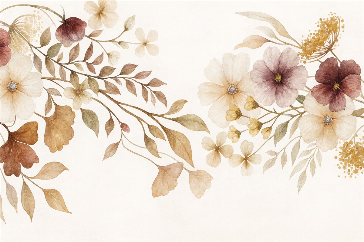 Fototapeta Kompozycja kwiatowa w subtelnych, neutralnych odcieniach z beżowymi i białymi roślinami oraz liśćmi na jasnej powierzchni.