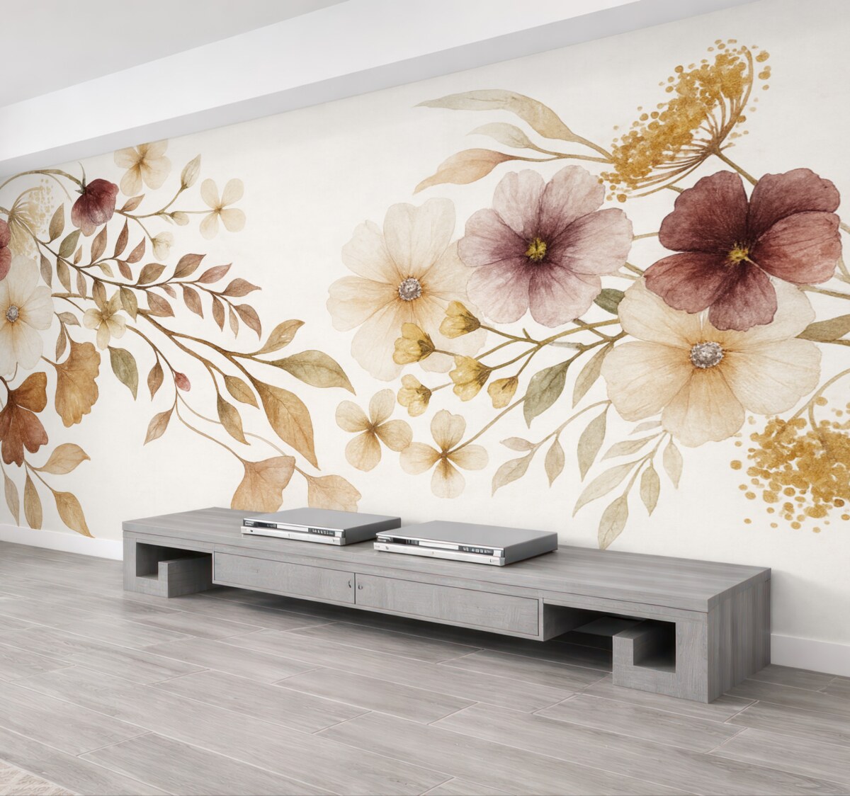 Fototapeta Kompozycja kwiatowa w subtelnych, neutralnych odcieniach z beżowymi i białymi roślinami oraz liśćmi na jasnej powierzchni.