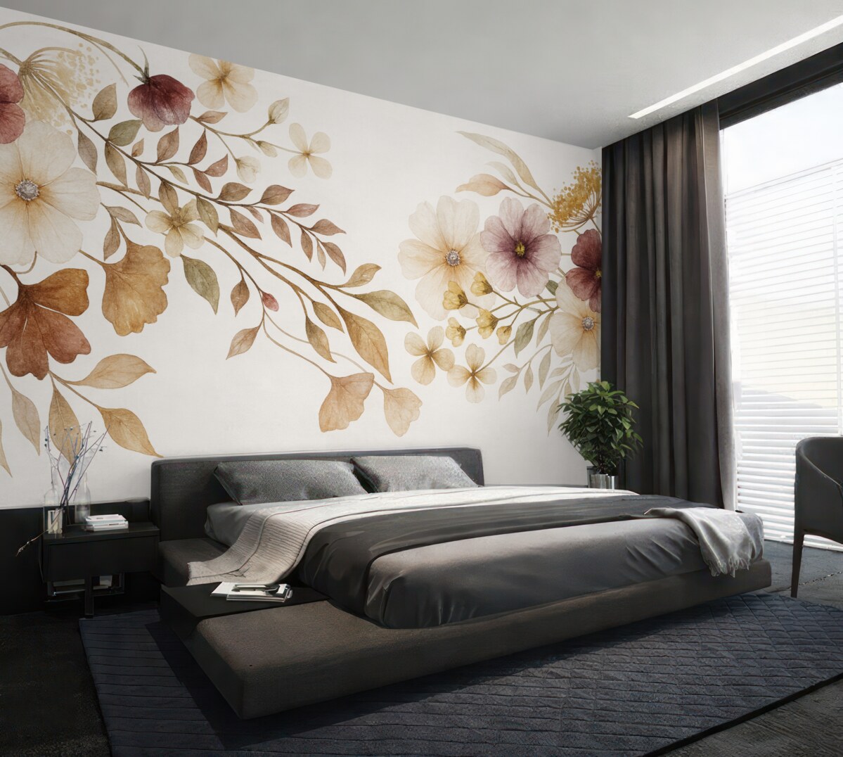 Fototapeta Kompozycja kwiatowa w subtelnych, neutralnych odcieniach z beżowymi i białymi roślinami oraz liśćmi na jasnej powierzchni.