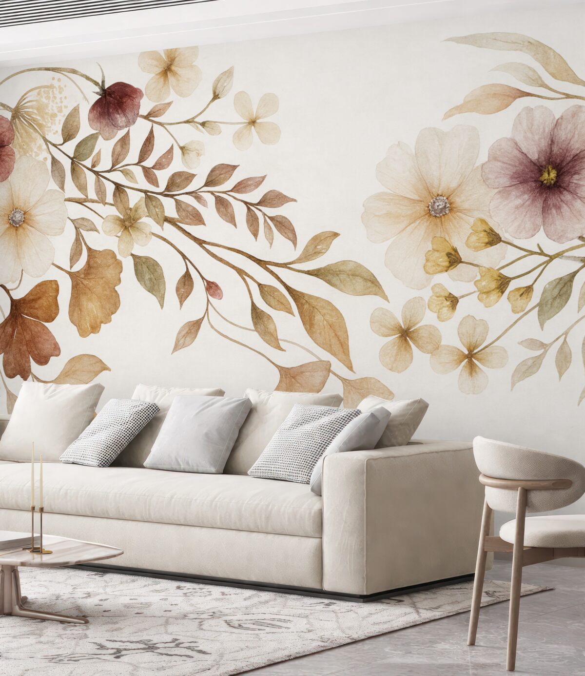 Fototapeta Kompozycja kwiatowa w subtelnych, neutralnych odcieniach z beżowymi i białymi roślinami oraz liśćmi na jasnej powierzchni.