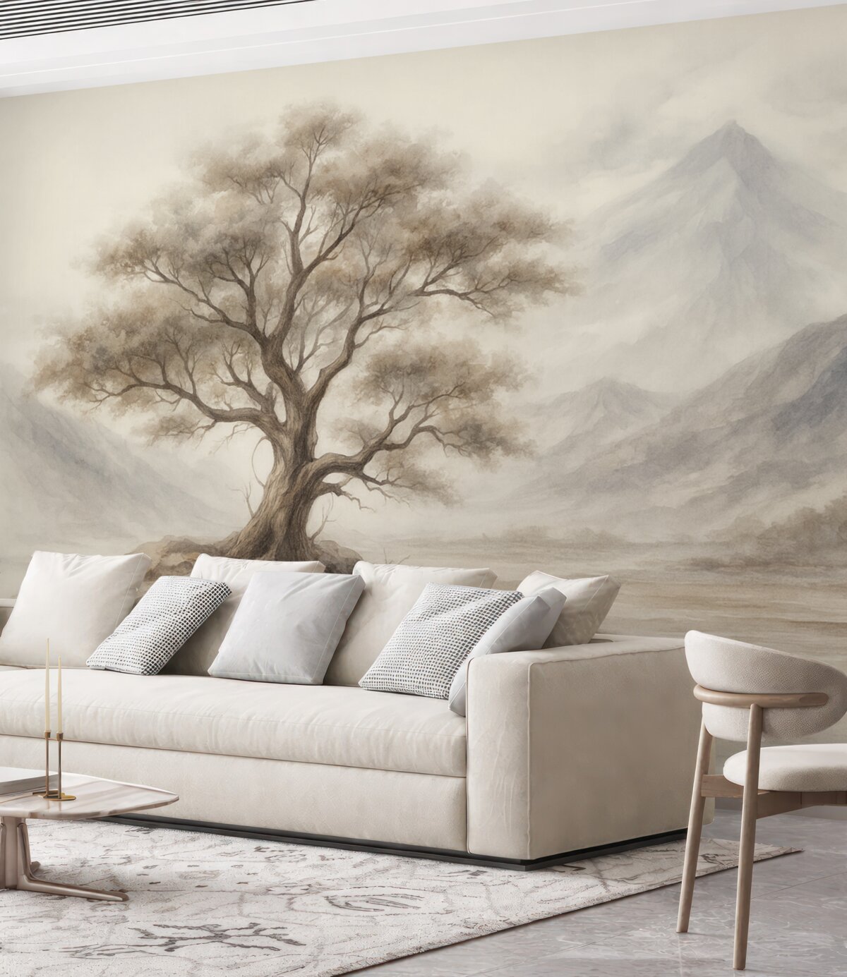 Fototapeta Minimalistyczny szkic pojedynczego, wyginanego drzewa w odosobnionym, kamienistym pejzażu z górami w tle.