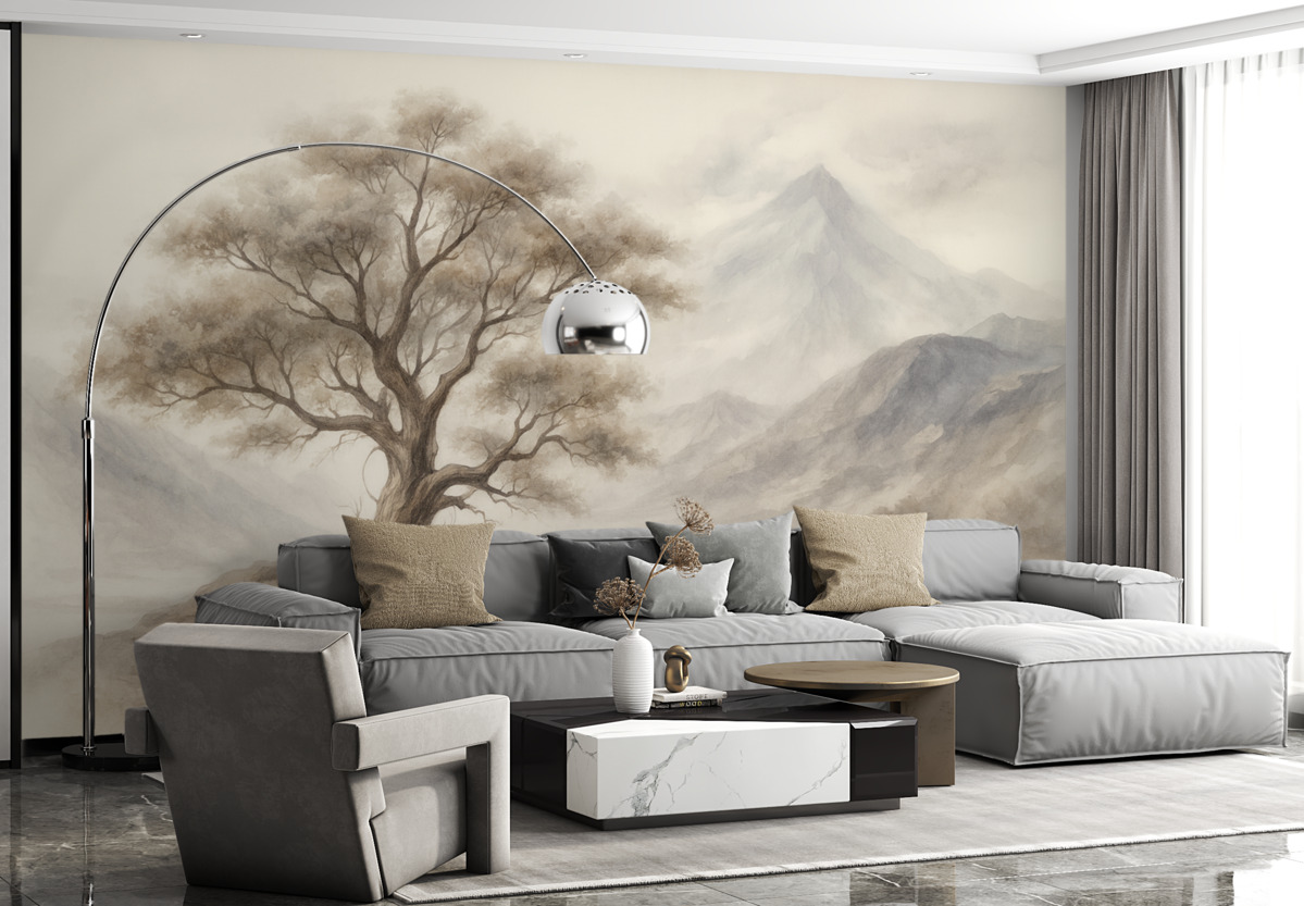 Fototapeta Minimalistyczny szkic pojedynczego, wyginanego drzewa w odosobnionym, kamienistym pejzażu z górami w tle.