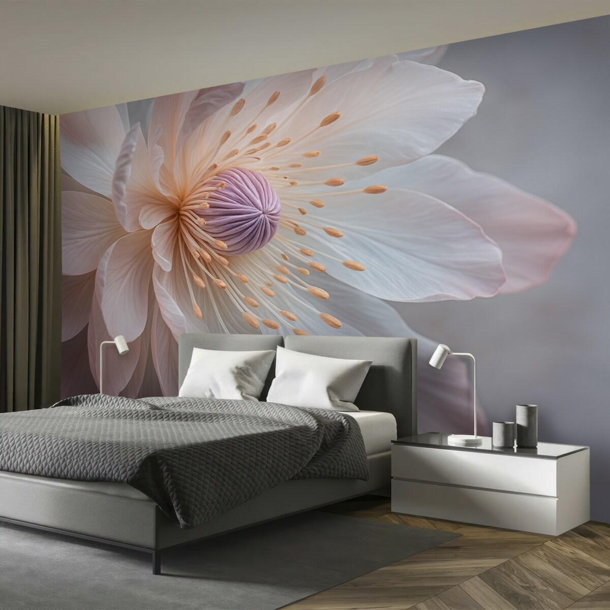 Fototapeta Przybliżenie subtelnego, pastelowego kwiatu z delikatnymi, przezroczystymi płatkami i intensywnym wnętrzem.